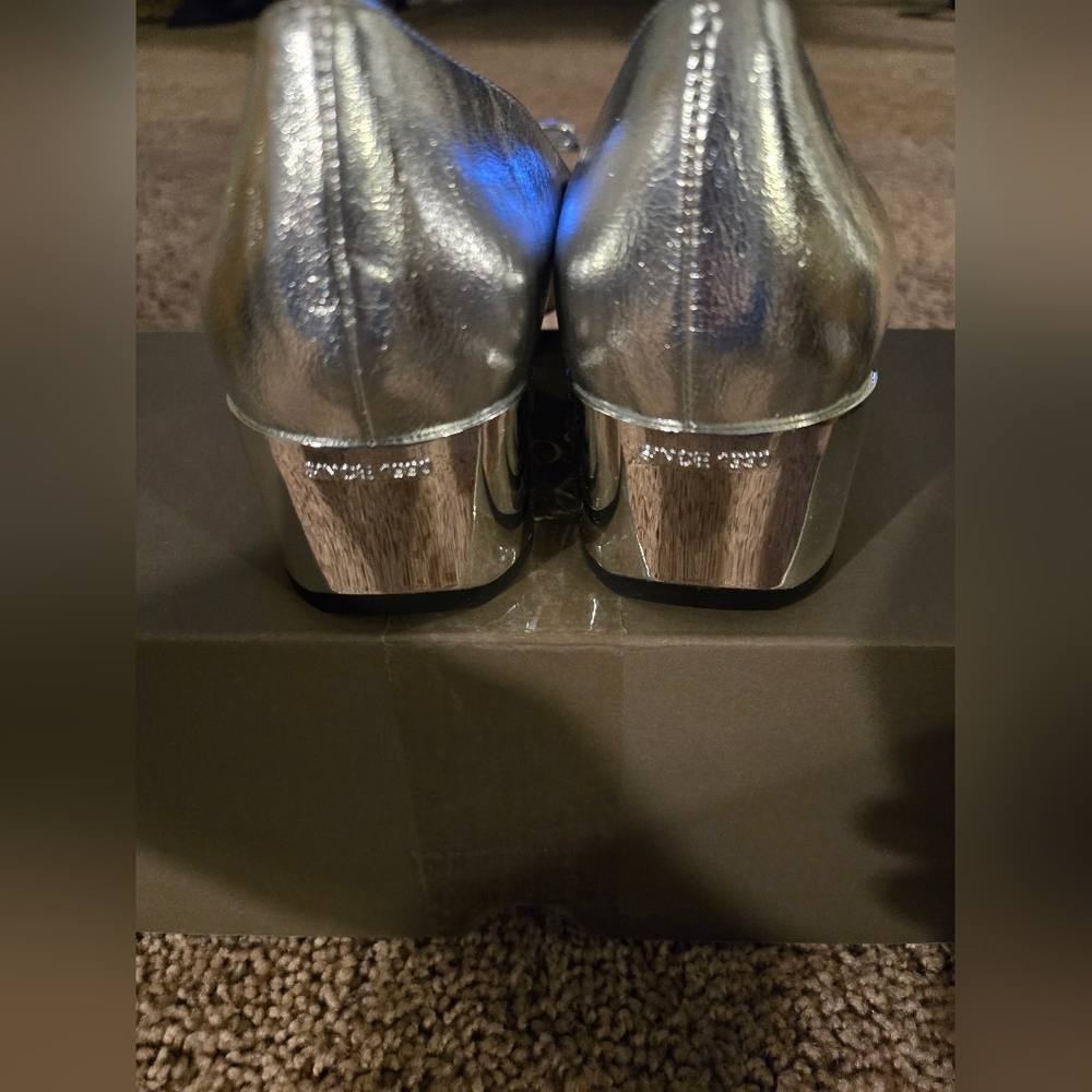 Franco Sarto Silver Metallic Square-Toe Block Heel Pump with Bow - Picture 10 of 14